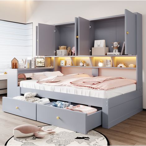 Letto singolo multifunzione 90x200 con scrivania, LED, presa e cassetti grigio DESVIAE (1/5)