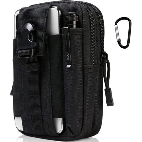 Sac Tactique Ceinture, Nylon Sacoche Ceinture Noir Multifonctionnelle Molle EDC Gadget Sac pour Téléphone, Plein-Air, Randonnée, Alpinisme et Cyclisme (avec 1 Mousquetons)