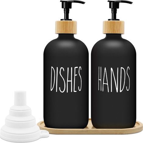 Matte Black Soap Dispenser Set 500ml Glass Soap Dispenser with Tray Dishwashing Liquid Dispenser Soap Dispenser for Kitchen and Shower (Black x 2) (1/5)