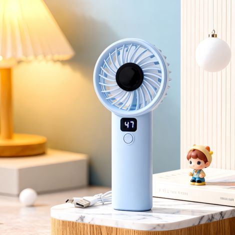 Ventilateur Portable Rechargeable Sans Fil, Mini Ventilateur Main avec Affichage Numérique LED, Vitesse Réglable en Continu, Design Cartoon Mignon, Refroidissement Personnel pour Été (1/2)
