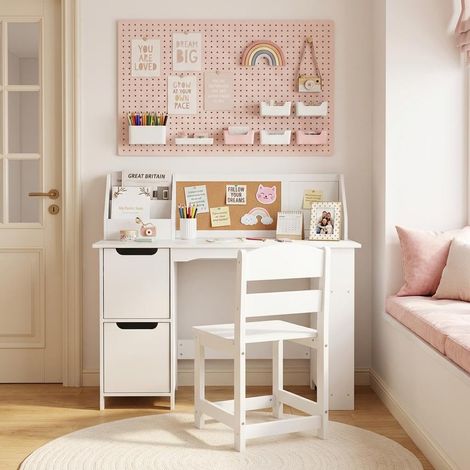 Ensemble bureau et chaise blanc pour enfants avec rangement, étagère et panneau d’affichage