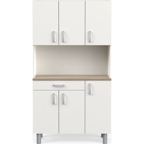 Pegane – Buffet de cuisine chêne kronberg blanc mat – Longueur 100,8 cm – Hauteur 185,5 cm – Profondeur 42,3 cm – 6 portes et 1 tiroir modulables (1/4)