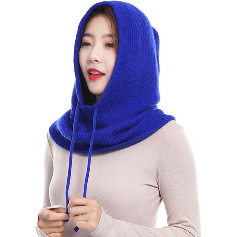 Cagoule d'hiver, masque tricoté, cagoule de ski, bonnet unisexe, capuche tricotée, écharpe, protection auditive, protection pour le cou, épaisse pour plus de chaleur, bleu saphir, 50 x 30 cm (1/5)