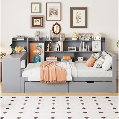 Letto bambini 90x200 cm con scrivania, 2 cassetti, presa elettrica e ripiani portaoggetti, in legno, senza materasso, grigio (1/5)