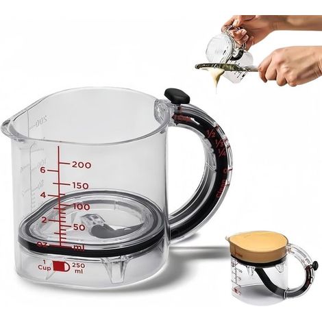 Misurino 4 in 1 con base regolabile. Misurino multifunzionale con base regolabile e coperchio raschiabile, salvaspazio e leggero. (1/5)