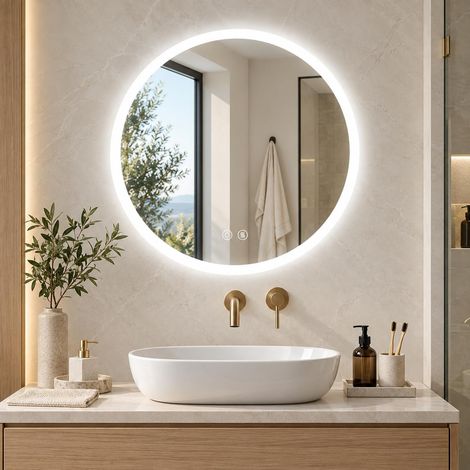 Miroir de Salle de Bain LED Rond 50 cm avec éclairage, 3 Couleurs de lumière réglables, Miroir Mural avec Interrupteur Tactile, Anti-buée, IP66 (1/5)