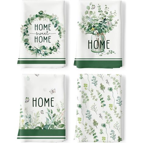 Torchons De Cuisine Coton Vaisselle Lot de 4, Serviettes de Cuisine Torchon Vaisselle 100% Coton avec Accroche Très Absorbant Serviettes de Bar 48 x 70CM Feuilles D'Eucalyptus (1/5)