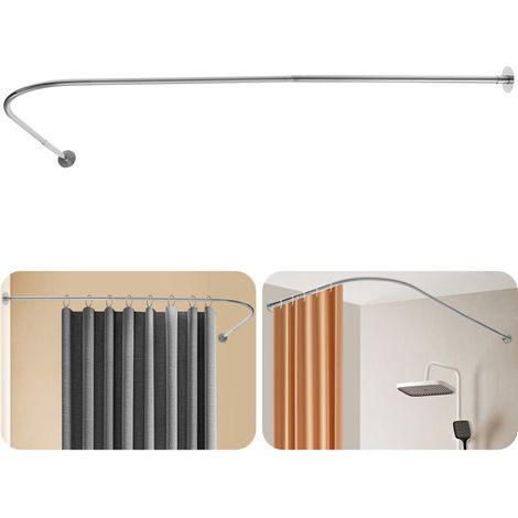 Tringle à rideau de douche argentée en forme de L 70 - 95 x 105 - 165 cm Tringles à angle réglables pour rideau de douche Perçage ou sans perçage Anneaux pour rideau de douche inclus