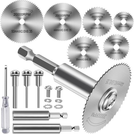 12 Pièces Disques de Coupe pour Perceuse, HSS Lames de Perceuse à Disque avec tige Hexagonale 1/4", Mini Lames de Scie Circulaire pour Bois, Plastique et Métal (1/5)