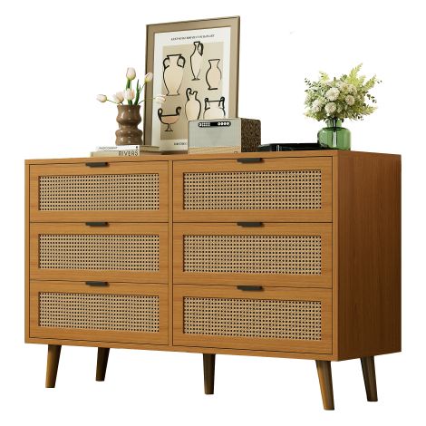 Commode à 6 tiroirs / Buffet en bois avec poignées métalliques — Adapté pour chambres, salons et bureaux Un grand meuble de rangement / Buffet offrant un vaste espace de stockage