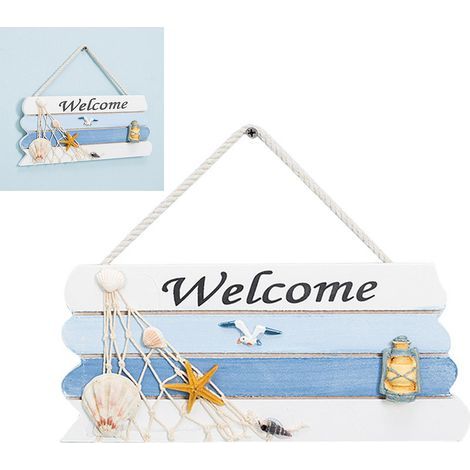 Panneau de bienvenue marin méditerranéen en bois avec étoiles de mer et coquillages pour décoration de porte de bar maison boutique (1/5)