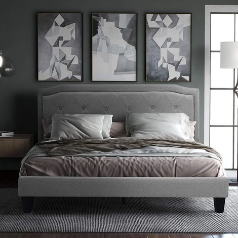 Upholstered bed, bed frame with slatted base, upholstered bed with decorative buttons, headboard for bedroom, adults and teenagers, in light grey cover (140 x 200 cm, light grey) (1/5)