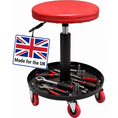 Relaxdays workshop stool, height-adjustable, assembly stool, tray, 5 castors, H x D: 42-56 x 38 cm, metal, red (1/5)