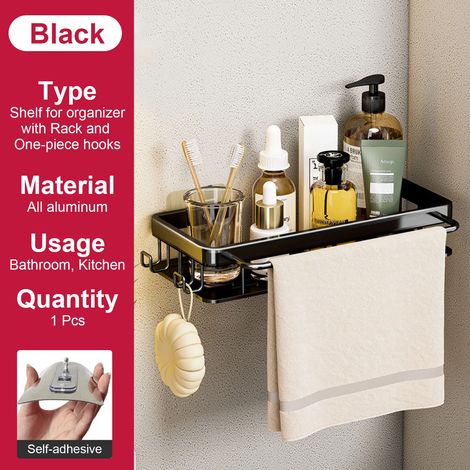 (Noir avec support) Étagère de salle de bain murale sans perçage pour flacons de shampoing, étagère d'angle pour douche, étagère de rangement pour toilettes, accessoires de salle de bain et de cuisine (1/5)