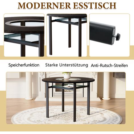 Table ronde moderne minimaliste, diamètre 100 cm, plateau en bois aspect noir, pour 2 à 4 personnes, avec insert en verre gris et piètement métallique stable. (1/5)