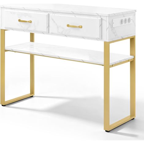 BarberPub Friseurtisch mit 2 Schubladen & Offener Ablage, Schreibtisch Marmor-Weiß Gold, Schminktisch ohne Spiegel, Friseurplatz für Friseursalon, Computertisch Schlafzimmer, 40x100x80cm, 3579 (1/5)