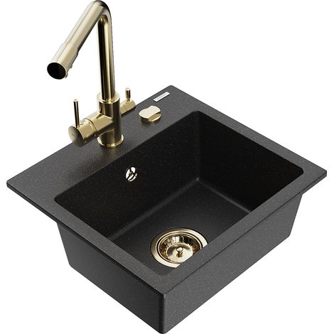 Mexen Milo 1-Becken-Granit-Spüle mit Mischbatterie Duero, Schwarz/Silbermetallic - 6505-73-671600-50 (1/5)