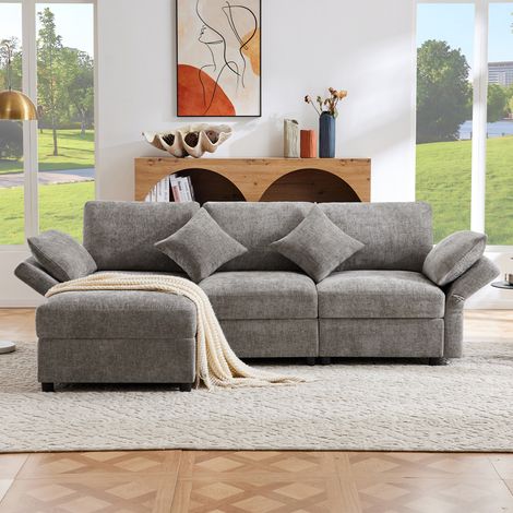 Canapé d’angle modulable 3/4 places en L 218x156,5x86 cm avec pouf amovible, 4 coussins, accoudoirs réglables, tissu chenille - Gris (1/5)