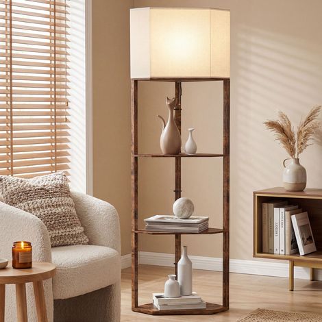 HOMCOM Corner Modern Floor Lamp with Shelves for Living Room, Rustic Brown (1/5)