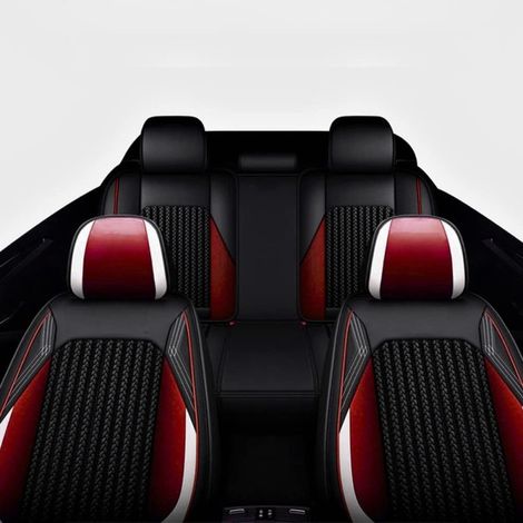Komplettset: luxuriöse universelle Sitzbezüge aus Leder und Textil, schwarz mit rotem und weißem Akzent, für Vorder- und Rücksit