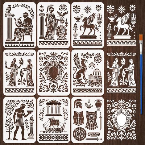 9Pcs Pochoirs de la Culture Grecque Antique pour la Peinture Au Pinceau 21x29.7cm Réutilisable Motif d'Architecture (1/5)