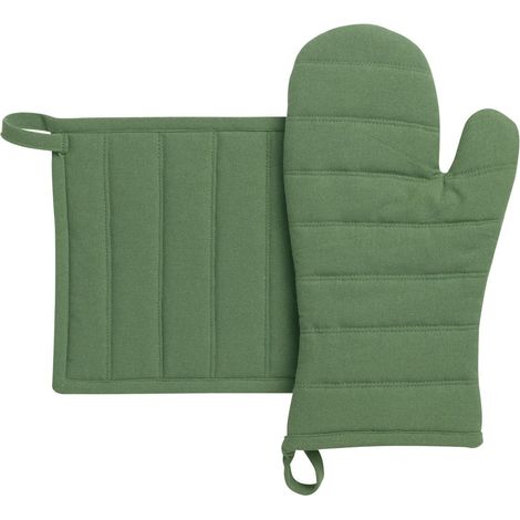 Lot Gant de Four et Manique en Coton Recyclé Matelassé avec Boucle d'Accrochage 15 x 30 cm - PANGIVO