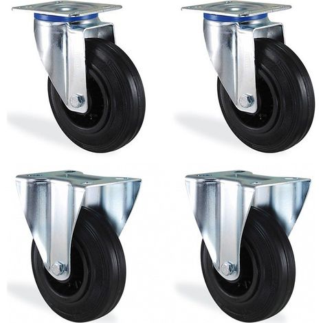 Lot roulettes pivotantes et fixe caoutchouc noir diamètre 80mm charge 150kg