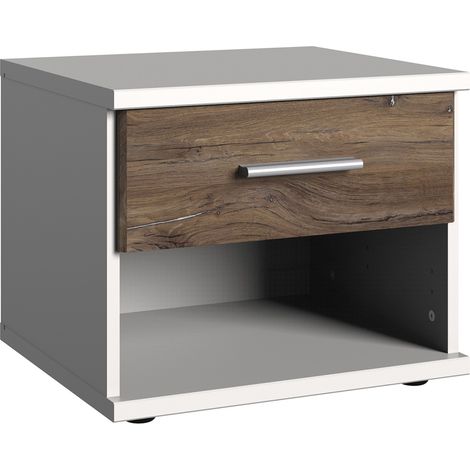 Table de chevet, table de nuit coloris Blanc, rechampis imitation chêne Flagstaff - Longueur 46 x Hauteur 38 x Profondeur 40 cm -PEGANE- (1/3)