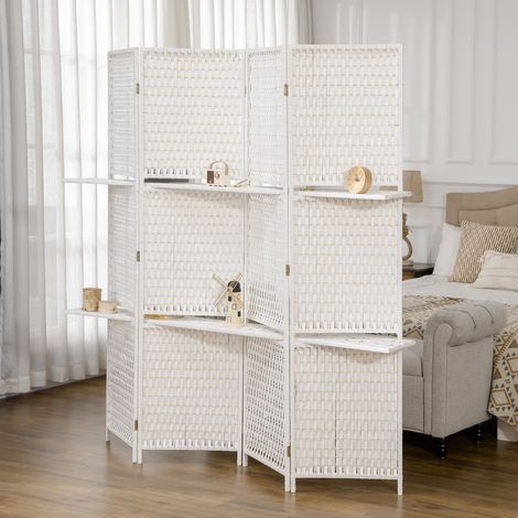 Séparateur de pièces 4 panneaux 2 étagères pliables paille blanc