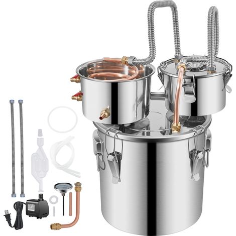 Mophorn 3 Gal Moonshine Still Distiller, 12L Edelstahl-Wasserdestilliergerät mit Kupferrohr, Umwälzpumpe, Thermometer für DIY-Whisky, Wein, Brandy, Spirituosen (1/5)