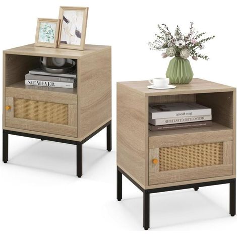 Table de Chevet avec Porte Rotin Cannage, Table de Nuit Bohême, Pieds en Bois Massif, Table d'Appoint ave pour Salon, Chambre, 40 x 40 x 57 cm(2) (1/5)