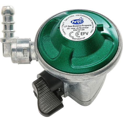 Regolatore quick-on 1.5 kg/h di bassa pressione per uso domestico, utilizzabile su bombole GPL tipo Agip diametro 22, Taratura Fissa 29 MBar Portagomma a 45°