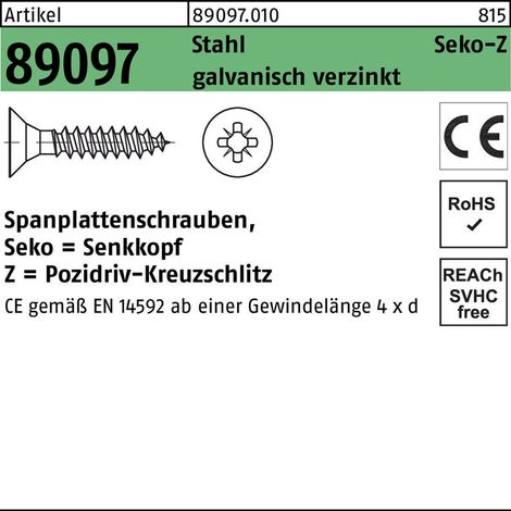 Spanplattenschraube R 89097 SEKO Kreuzschlitz-PZ VG 4,5 x 16 -ZStahl galvanisch verzinkt 1000 Stück
