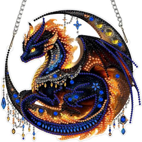 Diamond Painting Anhänger Mond & Drache, Fensterbild Bastelset mit Spezialdiamanten (1/4)