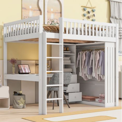 lit adulte 140x200 bureau rangement bois blanc HAVRYA (1/5)