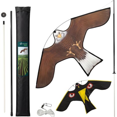VOUNOT® Espantapájaros Cometa Voladora Cultivos Protector de Aves Halcón Ahuyentador Aves Palomas para Jardín Granja Repelente Visual Pájaros con Mástil Telescópico 4m 2 Cometas B&G