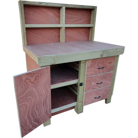 Wooden Eucalyptus hardwood top workbench, cabinet with lockable cupboard (V3) (H-90cm, D-70cm, L-120cm) with back and double shelf
