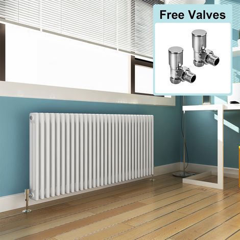 ELEGANT 600 x 1400 mm Traditional Radiator Cast Iron Style Horizontal Radiator White Triple Horizontal Column Radiators + Angled Radiator Valves (1/5)
