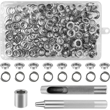120 Set Kit de Grommets Eyelets Outils, Intérieur 8/10/12mm Metal Ensembles Oeillet, Grommet Kit avec 3 Pièces Outil, Oeillets pour Bâche, Toile Bâche Tentes de Réparation Argent (8mm) (1/5)