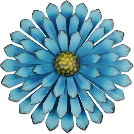Décoration murale fleur métal 33cm, sculpture suspendue extérieur intérieur pour salle de bain salon chambre, bleu ciel, art mural 3D (1/5)