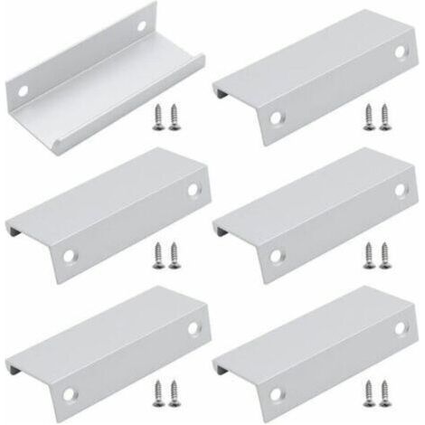 6 x Aluminum Back Mount Handle Invisible Furniture Handle for Drawers Wardrobes Cupboards - Silver - 80mm Long - Cabinet Hardware