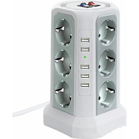 Multiprise tour parafoudre 12 prises CA et 5 ports USB – Protection 1500 J – 2 m câble – 3 interrupteurs indépendants – Blanc et gris argenté (1/4)