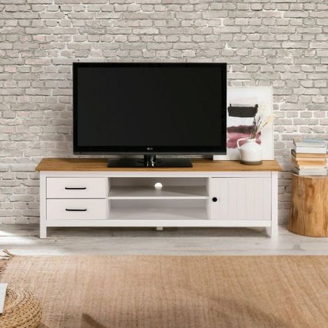 Mobile porta Tv in legno massiccio con 1 anta 2 cassetti colore bianco e pino Miranda 158x40x47H