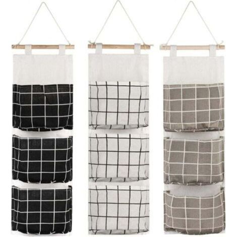 3Pcs Sac de Rangement Suspendu avec 3 Poches Étagère Mural en Tissu Panier Pochette de Rangement Organisateur pour Chambre Salle de Bain Cuisine - Étanche & Élégant (Noir/Gris/Blanc)