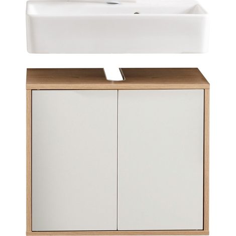 FACKELMANN FINN Badmöbel Set 2 Teile / Waschbecken / Waschbeckenunterschrank mit 2 Türen / Badschrank mit Push-to-Open / Korpus & Front: Weiß / Rahmendekor & Füße: Braun hell / Breite: 60 cm"-"06221 (1/5)