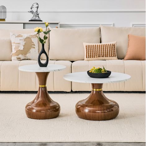 Couchtisch Set 2er rund mit Marmoroptik Metall Weiß/Nussbaum OKMYHOME (1/5)
