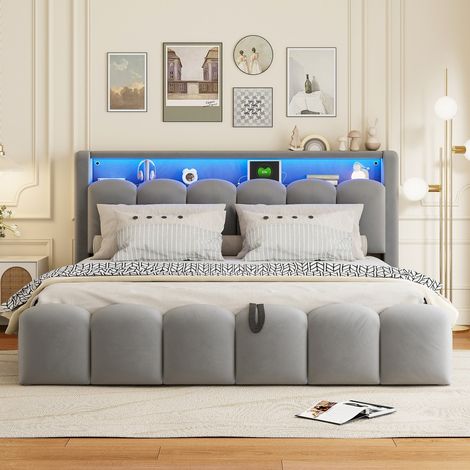 Lit double-Rembourré-Velours-LED-USB&C-rangement hydraulique-tête de lit rétroéclairée-189x228,5x110,5cm-Sans Matelas (1/5)