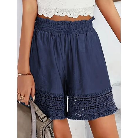 Short femme taille haute à volants, short brodé ajouré extensible avec poches, coupe élastiquée, confortable et tendance. (1/3)