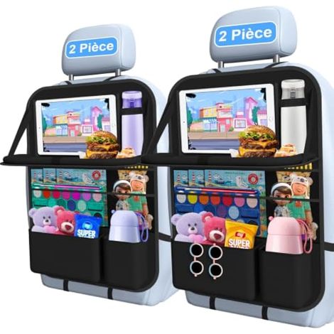 Lot de 2 Organiseur de Voiture pour Enfants avec Table Pliante, Organiseur de Siège Arrière avec Compartiment pour Tablette Tactile, Protection Siege Voiture Enfant, Sac de Rangement pour Voiture (1/5)