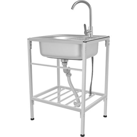 Évier autonome en acier inoxydable - 60 x 45 x 75 cm - 1 bac - Évier mobile - Évier de garage industriel - Pour extérieur, jardin, camping - Avec support de robinet, passoire pour buanderie, garage